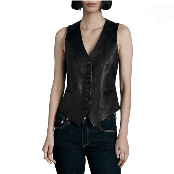 Rag & Bone Vanessa Lamb Leather Vest Solid Black Waistcoat NWT Size 2 NEW BNWT - Picture 1 of 13